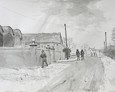 DSC02212 Junction of Haywood Lane and Rising Lane in Baddesley Clinton Feb 1991. Original painting by Arthur Lockwood